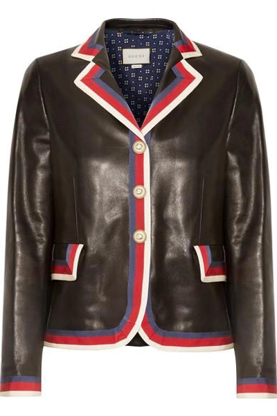 Shop Gucci Grosgrain-trimmed Appliquéd Leather Blazer In Black