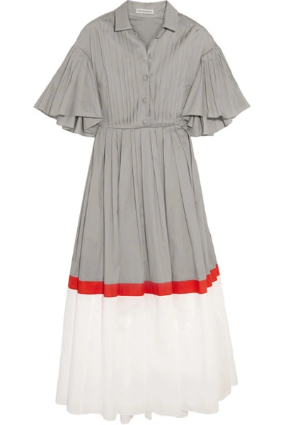 Vika Gazinskaya Pintucked Color-block Cotton-voile Midi Dress In Grey Multi