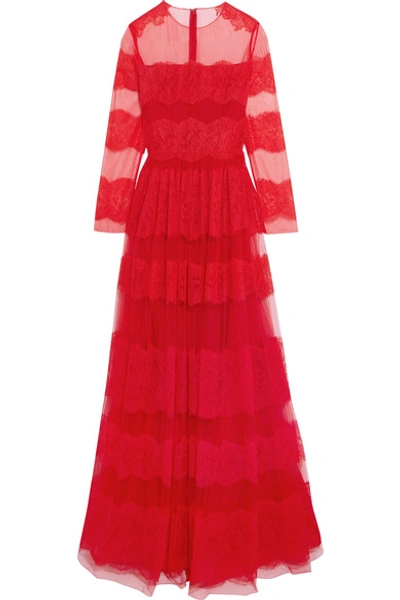 Valentino Long-sleeved Floral-lace And Tulle Gown In Red