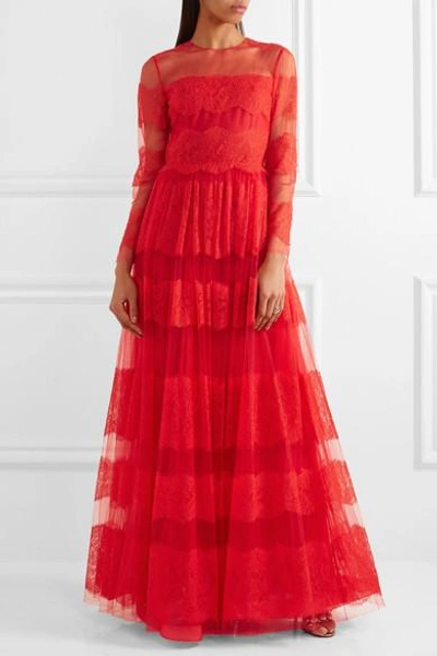Shop Valentino Paneled Chantilly Lace And Tulle Gown In Red