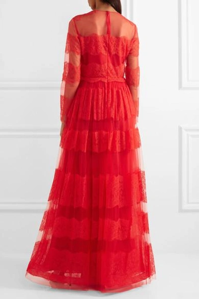 Shop Valentino Paneled Chantilly Lace And Tulle Gown In Red