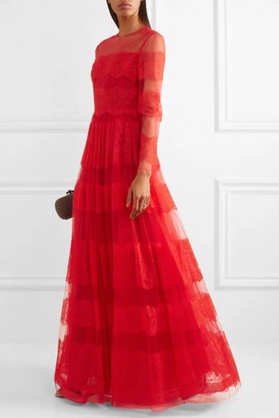 Shop Valentino Paneled Chantilly Lace And Tulle Gown In Red