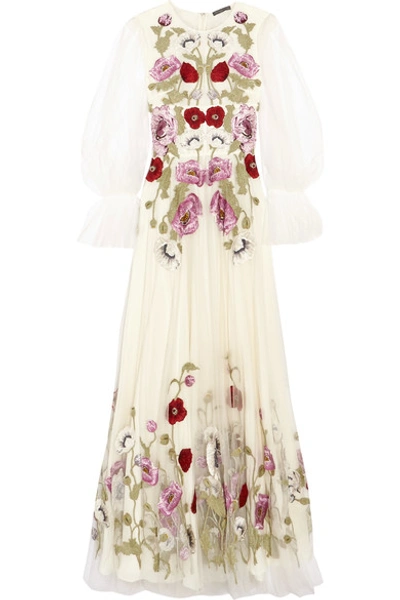 Alexander Mcqueen Poppy Embroidered Tulle Long  Dress In White