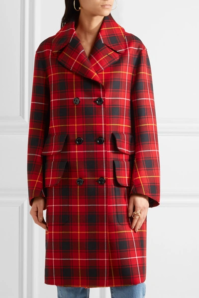 Shop Gucci Oversized Appliquéd Tartan Wool Coat In Red