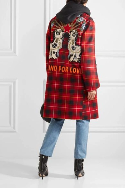 Shop Gucci Oversized Appliquéd Tartan Wool Coat In Red