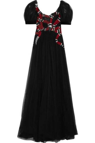 Shop Gucci Embellished Embroidered Tulle Gown In Black