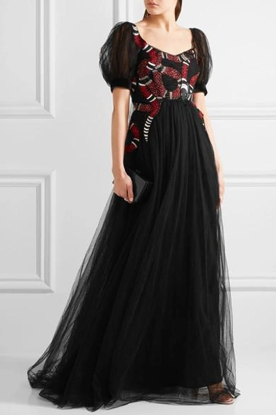 Shop Gucci Embellished Embroidered Tulle Gown In Black