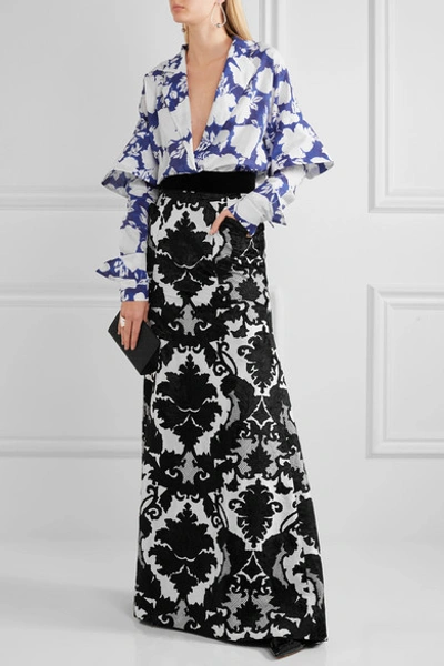 Shop Ronald Van Der Kemp Velvet-appliquéd Silk-blend Maxi Skirt