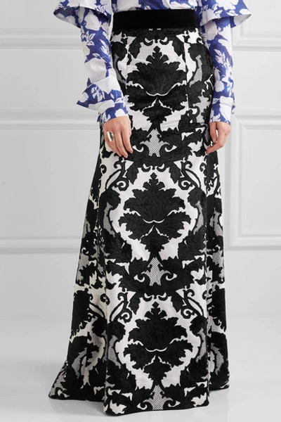 Shop Ronald Van Der Kemp Velvet-appliquéd Silk-blend Maxi Skirt