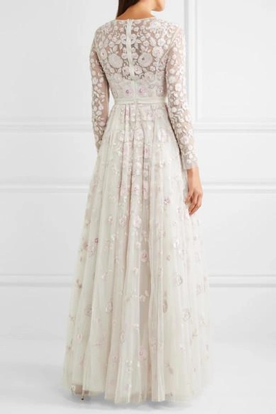 Shop Needle & Thread Rosette Embellished Embroidered Tulle Gown In Ivory
