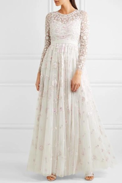 Shop Needle & Thread Rosette Embellished Embroidered Tulle Gown In Ivory