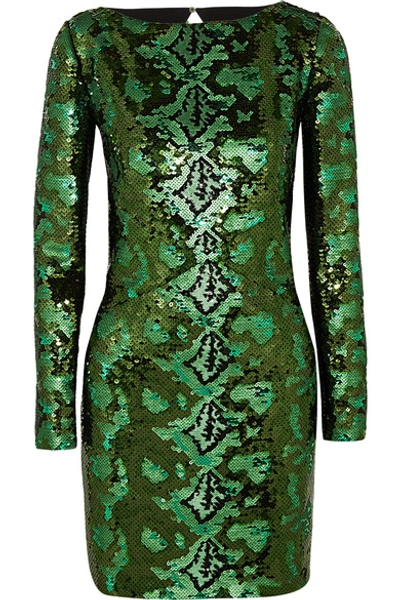 Roberto Cavalli Woman Cutout Sequined Silk-chiffon Mini Dress Green In Green Python Print