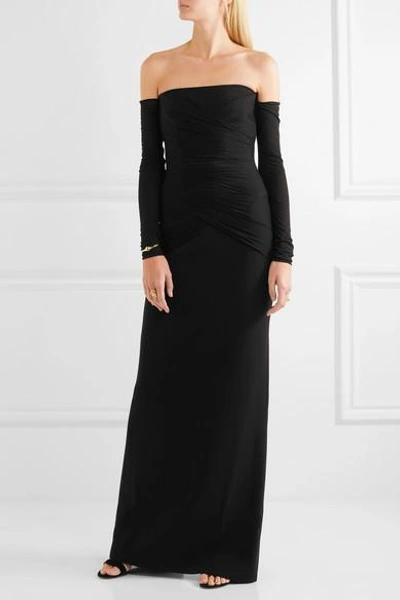 Shop Versace Off-the-shoulder Ruched Silk-cady Gown