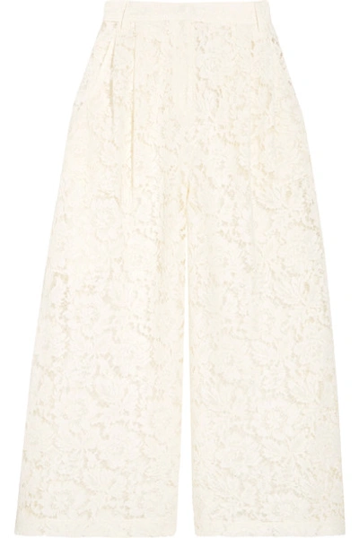 Shop Valentino Cropped Corded Cotton-blend Guipure Lace Wide-leg Pants In Ivory