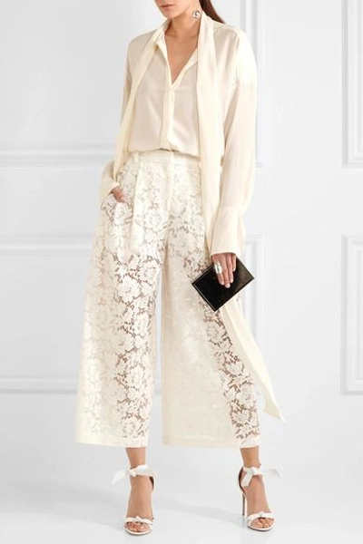 Shop Valentino Cropped Corded Cotton-blend Guipure Lace Wide-leg Pants In Ivory