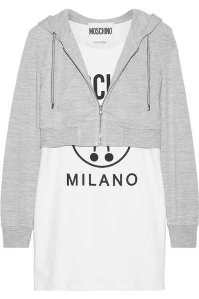 Moschino Hooded Printed Stretch-cotton And Jersey Mini Dress In Light Grey