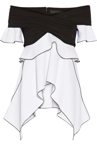 Proenza Schouler Off-the-shoulder Plissé-paneled Stretch-crepe Top In Black White