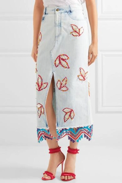 Shop Peter Pilotto Lace-trimmed Embellished Denim Midi Skirt