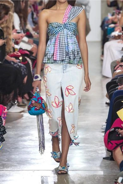 Shop Peter Pilotto Lace-trimmed Embellished Denim Midi Skirt