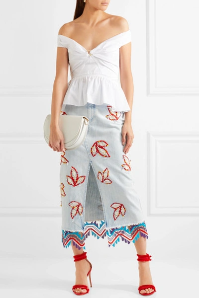 Shop Peter Pilotto Lace-trimmed Embellished Denim Midi Skirt