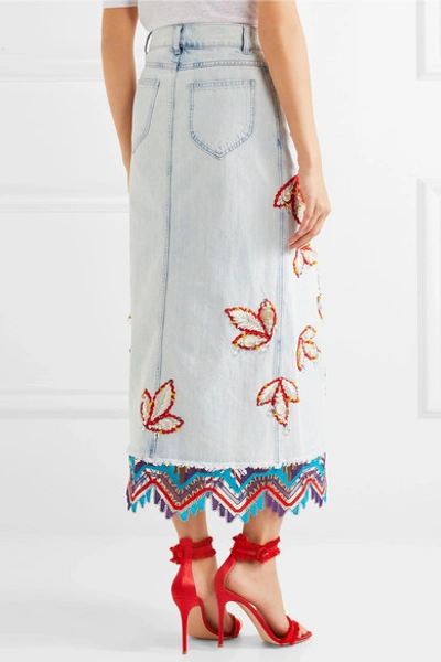 Shop Peter Pilotto Lace-trimmed Embellished Denim Midi Skirt