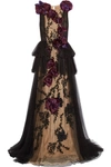 MARCHESA Organza-appliquéd embellished tulle gown