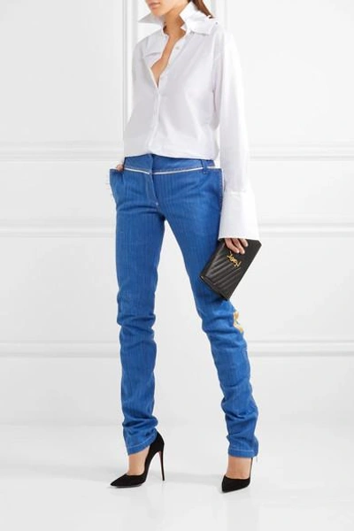 Shop Ronald Van Der Kemp Metallic Leather-trimmed Low-rise Slim-leg Jeans