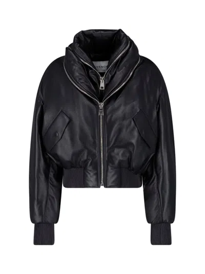 Givenchy Lambskin Leather Shawl Collar Ribbed Bomber Jacket In Schwarz