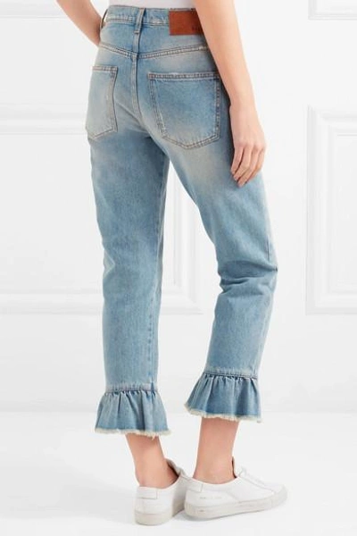 Shop Msgm Distressed Ruffle-trimmed High-rise Straight-leg Jeans