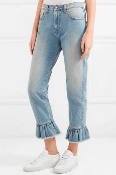 Shop Msgm Distressed Ruffle-trimmed High-rise Straight-leg Jeans