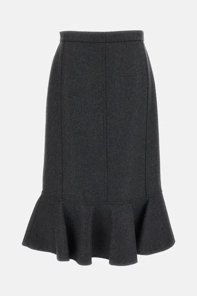 Plan C Double-wool Skirt With A Ruffled Hem. In Gray