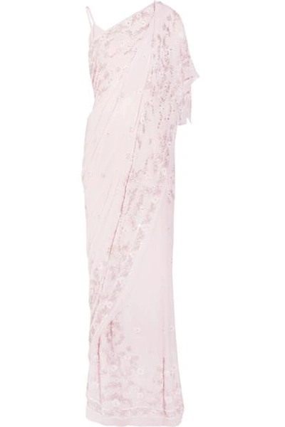 Shop Needle & Thread Astral Embellished Silk-chiffon Saree In Pastel Pink
