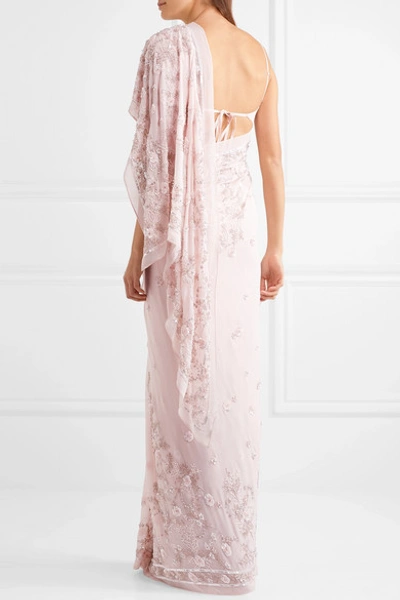 Shop Needle & Thread Astral Embellished Silk-chiffon Saree In Pastel Pink