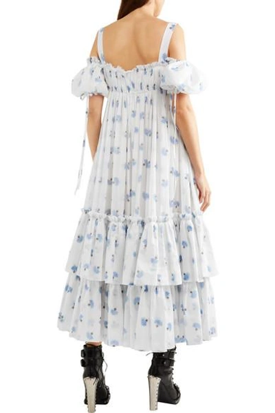 Shop Alexander Mcqueen Cold-shoulder Tiered Floral-print Cotton-voile Maxi Dress