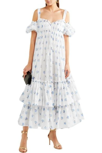 Shop Alexander Mcqueen Cold-shoulder Tiered Floral-print Cotton-voile Maxi Dress