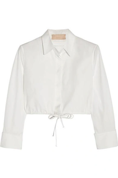 Shop Alaïa Cropped Ruched Cotton-poplin Shirt