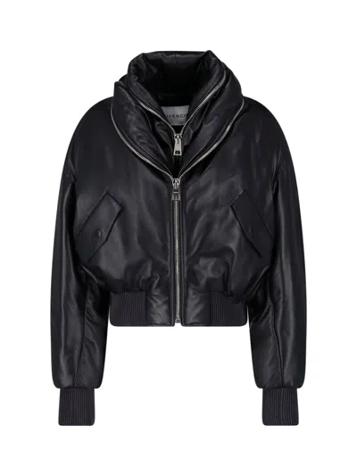 Givenchy Lambskin Leather Shawl Collar Ribbed Bomber Jacket In Black