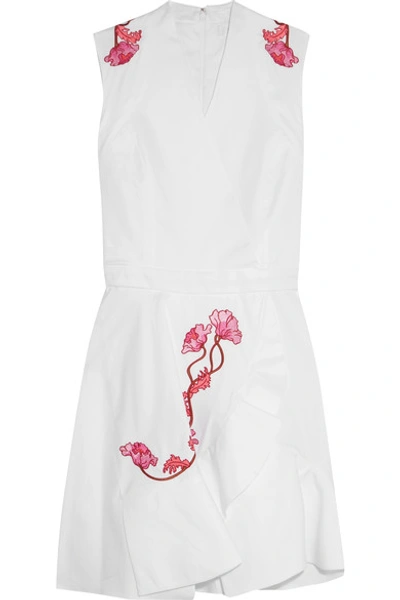 Carven Wrap-effect Embroidered Cotton-twill Mini Dress In White