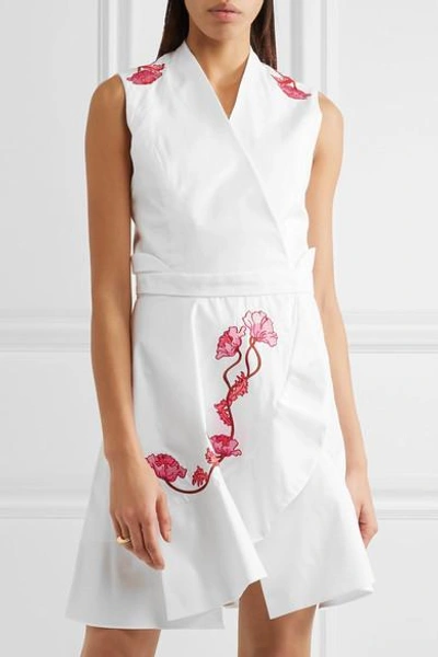 Shop Carven Wrap-effect Embroidered Cotton-twill Mini Dress