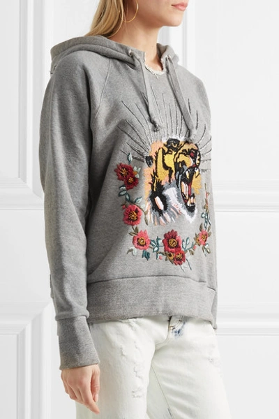 Shop Gucci Embroidered Embellished Cotton-jersey Hooded Top In Gray