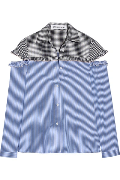 Sandy Liang Mercury Cutout Gingham-paneled Striped Cotton Shirt