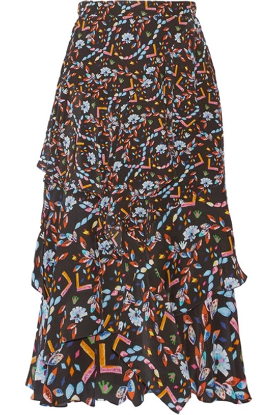 Shop Peter Pilotto Tiered Printed Silk Midi Skirt