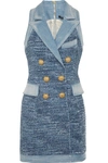 BALMAIN Denim-trimmed tweed mini dress