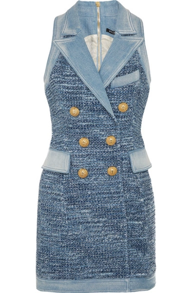 Shop Balmain Denim-trimmed Tweed Mini Dress