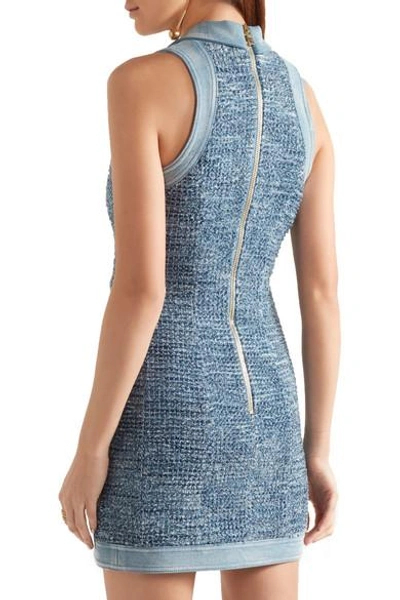 Shop Balmain Denim-trimmed Tweed Mini Dress