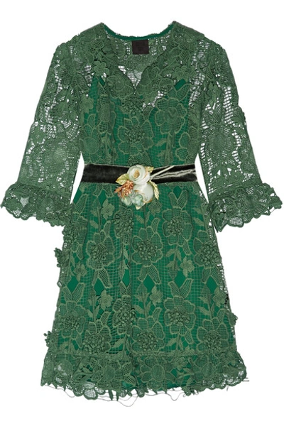 Anna Sui Camilla Velvet-trimmed Crocheted Lace Mini Dress In Jade