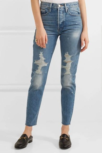 Shop Frame Rigid Re-release Le Original Skinny Distressed High-rise Jeans In Mid Denim