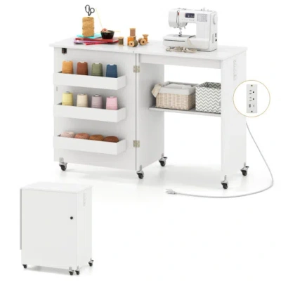Costway Sewing Machine Table With Charging Station And Lockable Casters ...