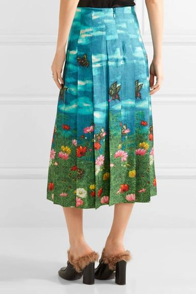 Shop Gucci Pleated Printed Silk-satin Skirt In Jade