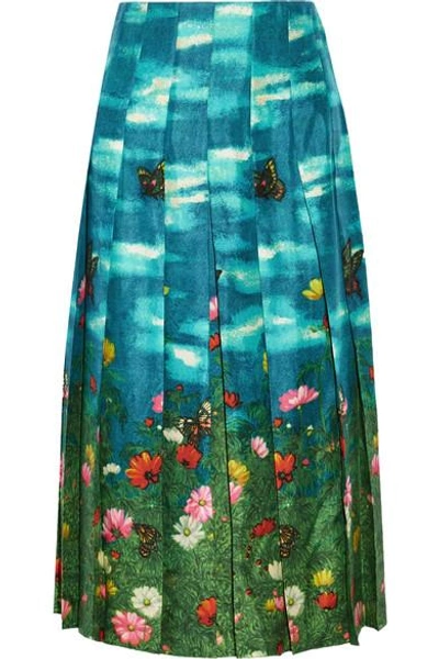 Shop Gucci Pleated Printed Silk-satin Skirt In Jade